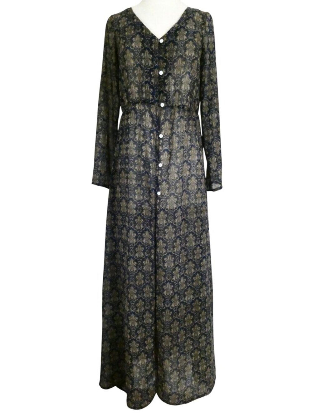 URBAN MODESTY navy medallion paisley print maxi dress sz S semi sheer